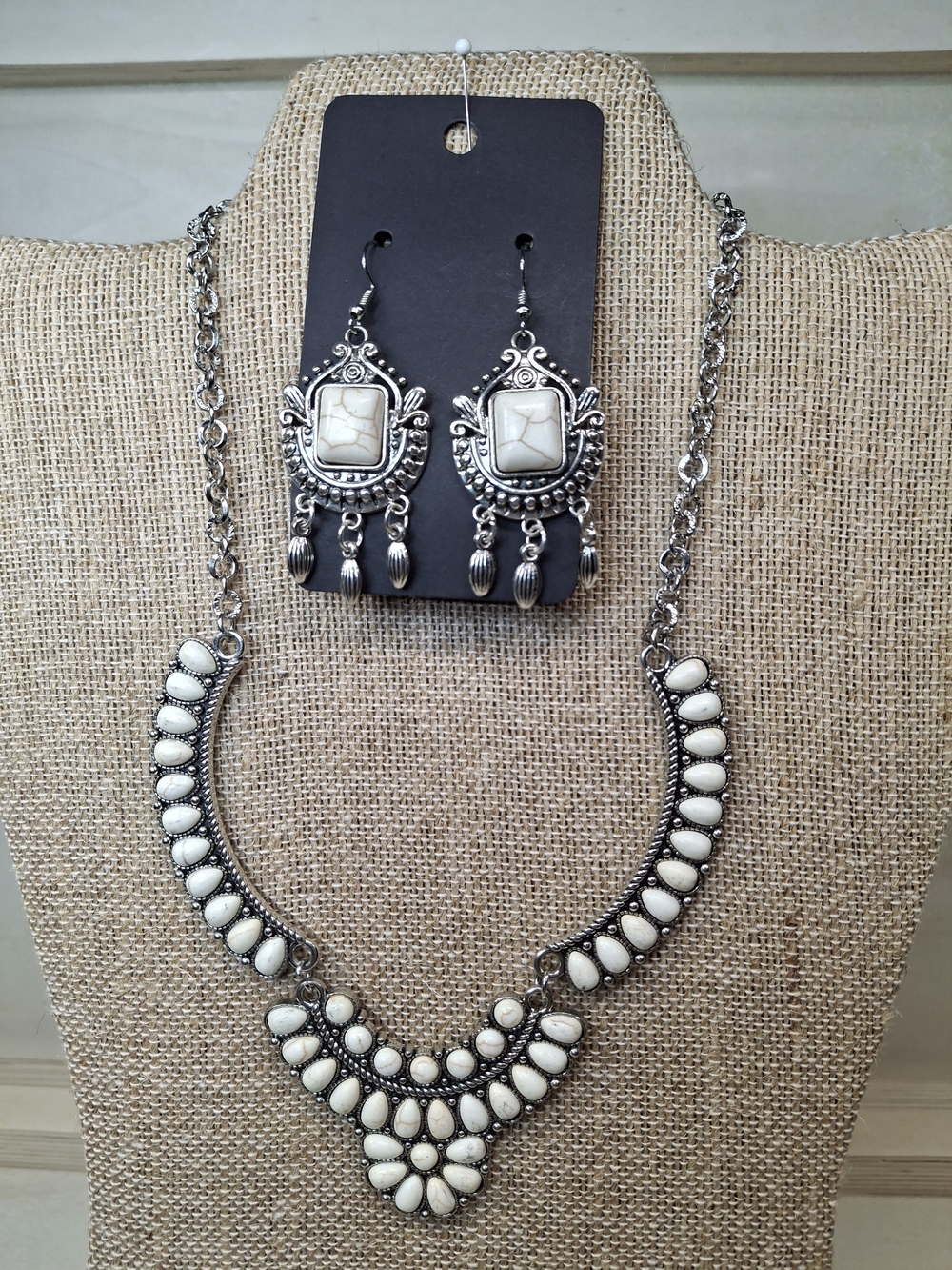 White Stone and Silver-Tone Statement Necklace & Earrings Set